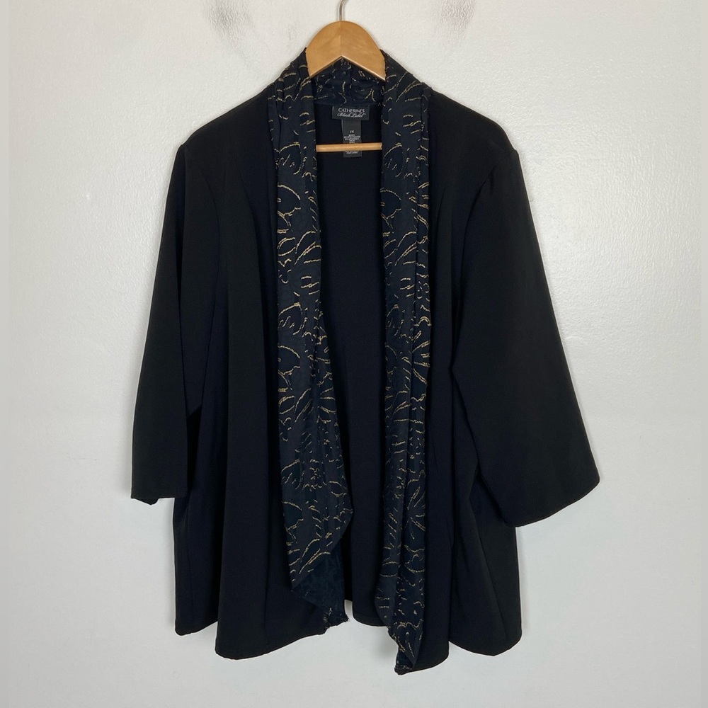 Catherines Black Label Burnout Jacket Sz 2X Black 3/4 Sleeves Open Front Elegant